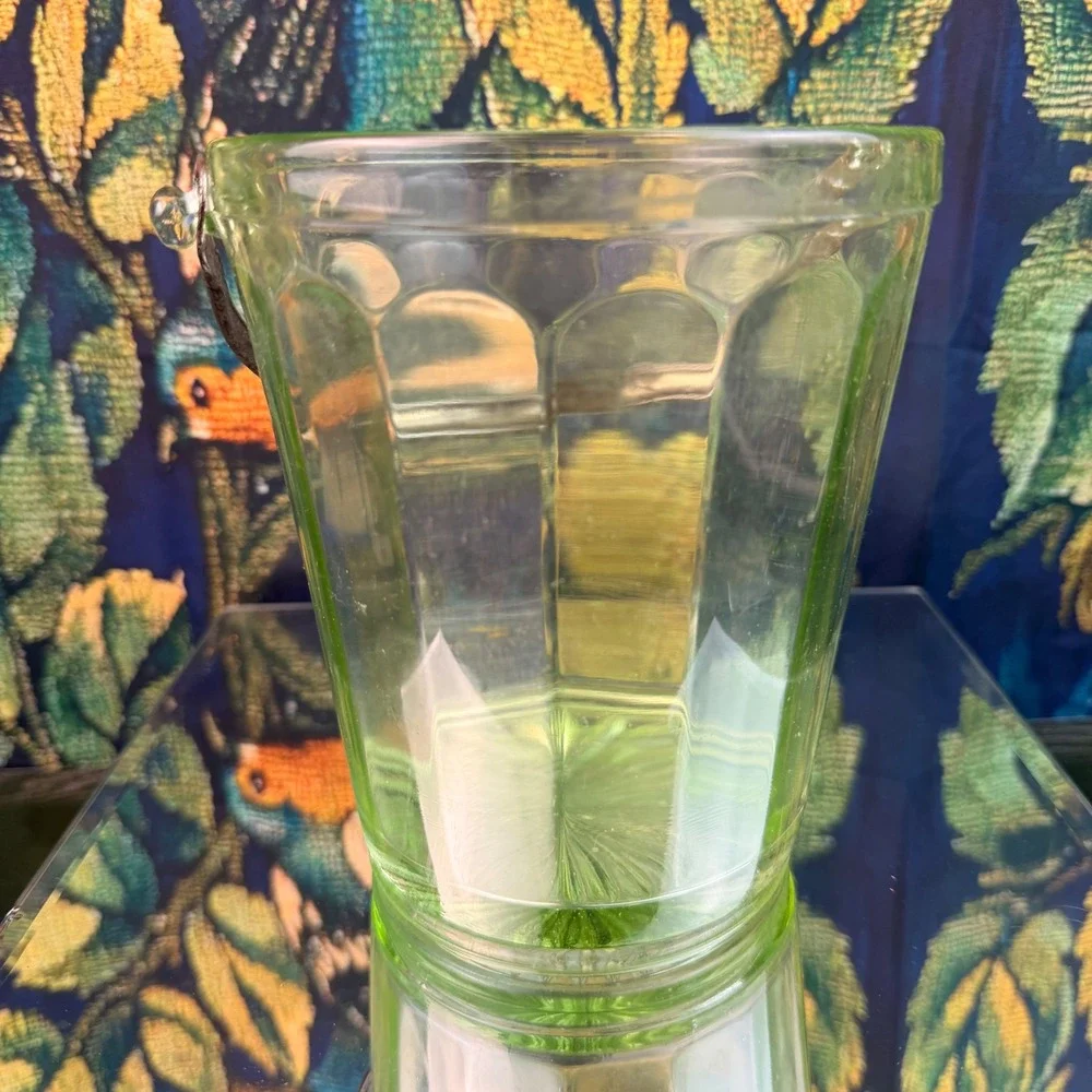 Vintage Green Uranium Glass Ice Bucket Paneled Vaseline Glass Glows UV 6 Inch